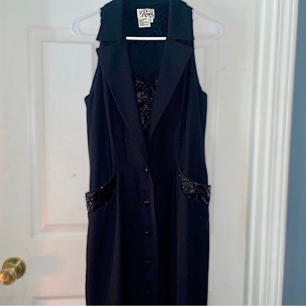 Reggio 90s VTG Tuxedo Style Button Down Rhinestone Sparkle Hong Kong Maxi Dress